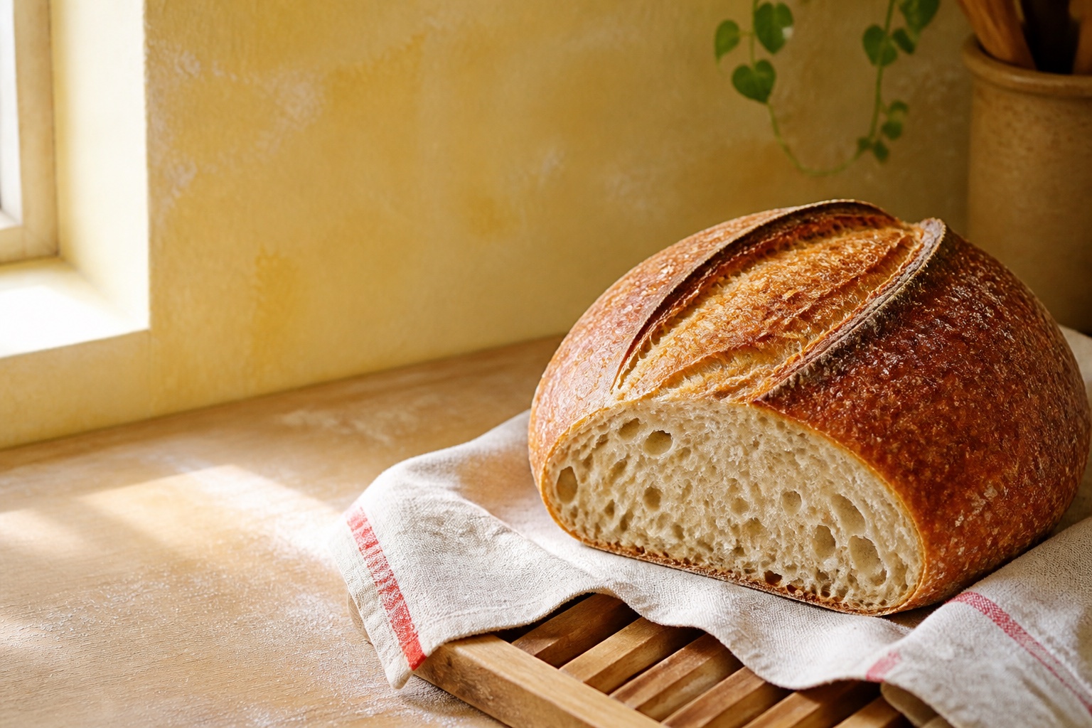 A sliced classic sourdough boule with a blistered golden crust on a linen-lined board